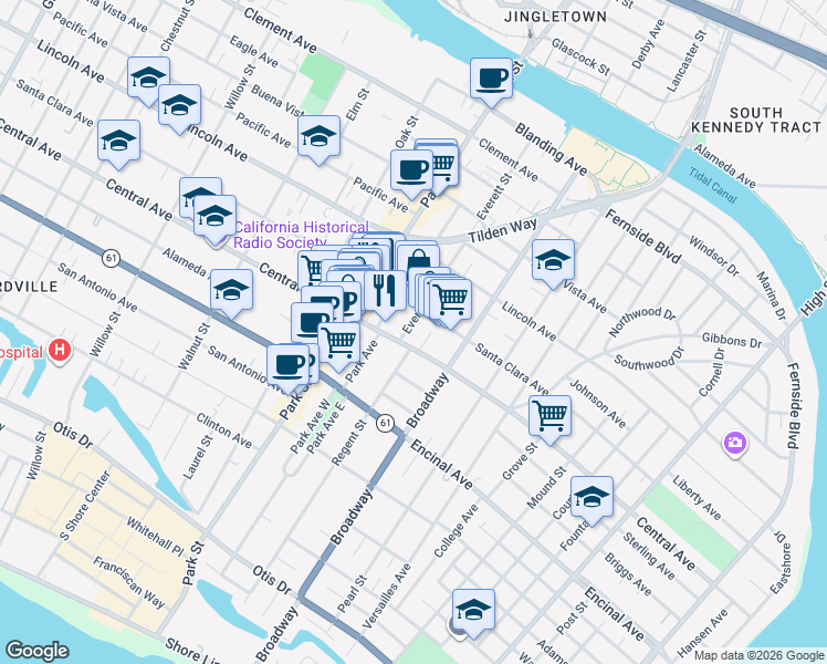 map of restaurants, bars, coffee shops, grocery stores, and more near 1413 Everett Street in Alameda