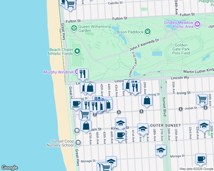 map of restaurants, bars, coffee shops, grocery stores, and more near 1223 44th Avenue in San Francisco