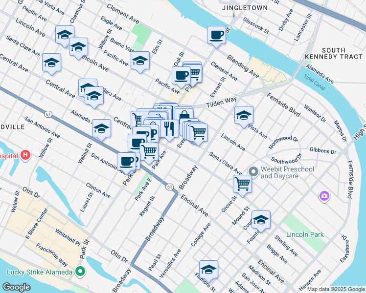map of restaurants, bars, coffee shops, grocery stores, and more near 1414 Everett Street in Alameda