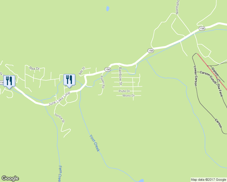 map of restaurants, bars, coffee shops, grocery stores, and more near Piute Drive in June Lake