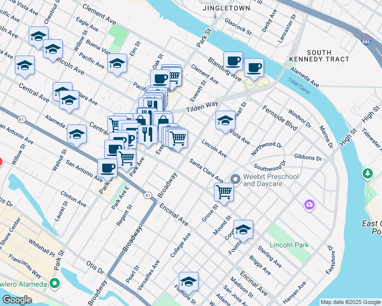 map of restaurants, bars, coffee shops, grocery stores, and more near 1514 Broadway in Alameda