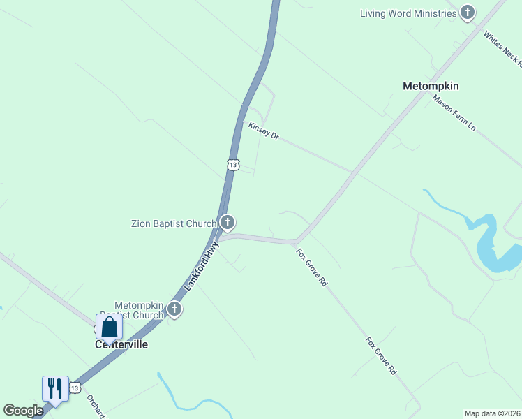 map of restaurants, bars, coffee shops, grocery stores, and more near 26463 Metompkin Road in Parksley