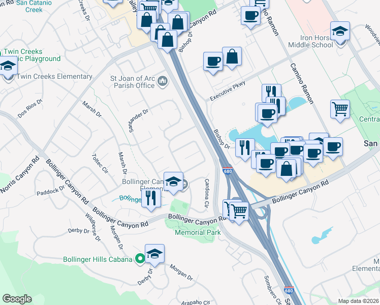 map of restaurants, bars, coffee shops, grocery stores, and more near 20 Pamplona Court in San Ramon