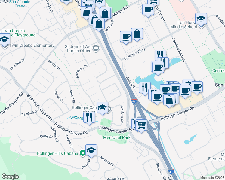 map of restaurants, bars, coffee shops, grocery stores, and more near 20 Pamplona Court in San Ramon