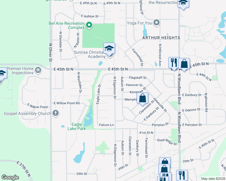 map of restaurants, bars, coffee shops, grocery stores, and more near 4415 Edgemoor Court in Bel Aire