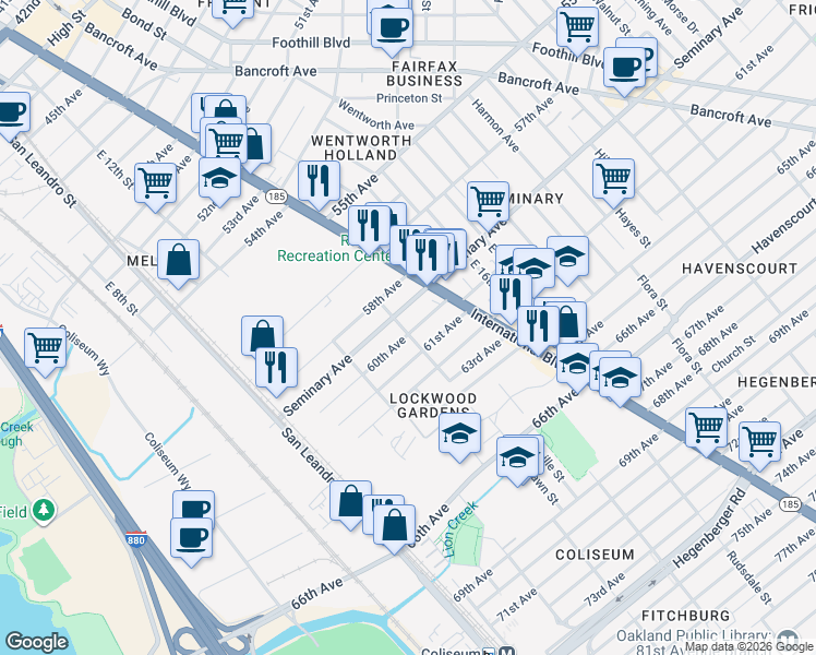map of restaurants, bars, coffee shops, grocery stores, and more near 1301 60th Avenue in Oakland
