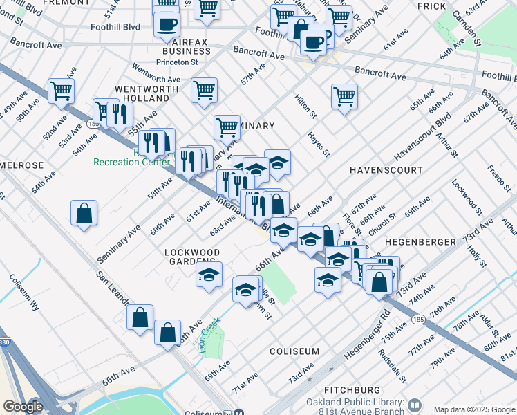 map of restaurants, bars, coffee shops, grocery stores, and more near 6258 East 16th Street in Oakland