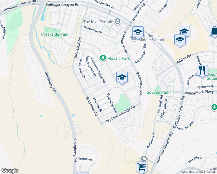 map of restaurants, bars, coffee shops, grocery stores, and more near 4877 Cornflower Street in San Ramon