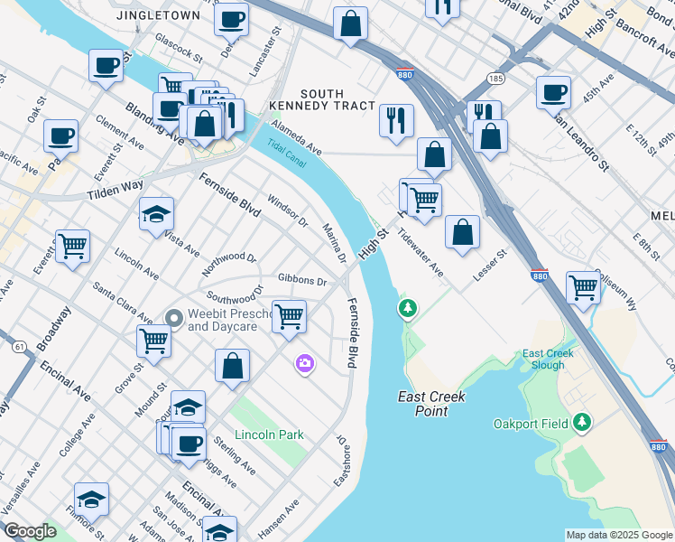 map of restaurants, bars, coffee shops, grocery stores, and more near 3132 Marina Drive in Alameda
