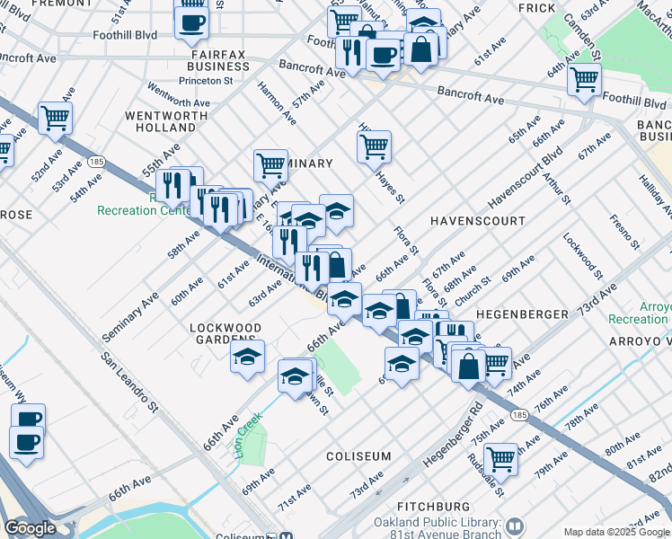 map of restaurants, bars, coffee shops, grocery stores, and more near 1700 64th Avenue in Oakland