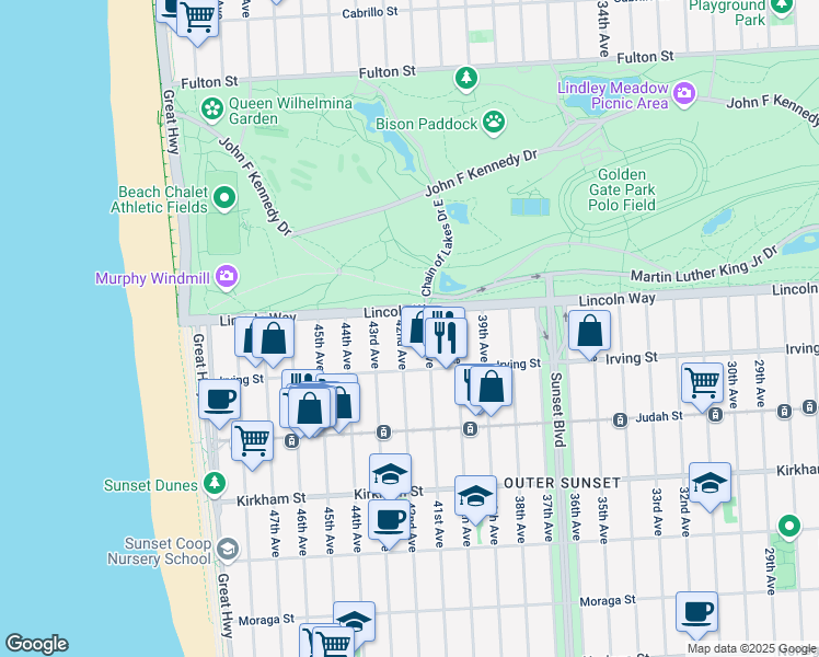 map of restaurants, bars, coffee shops, grocery stores, and more near 4101 Lincoln Way in San Francisco