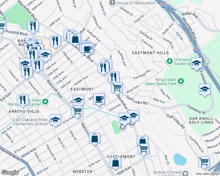 map of restaurants, bars, coffee shops, grocery stores, and more near 8000 MacArthur Boulevard in Oakland