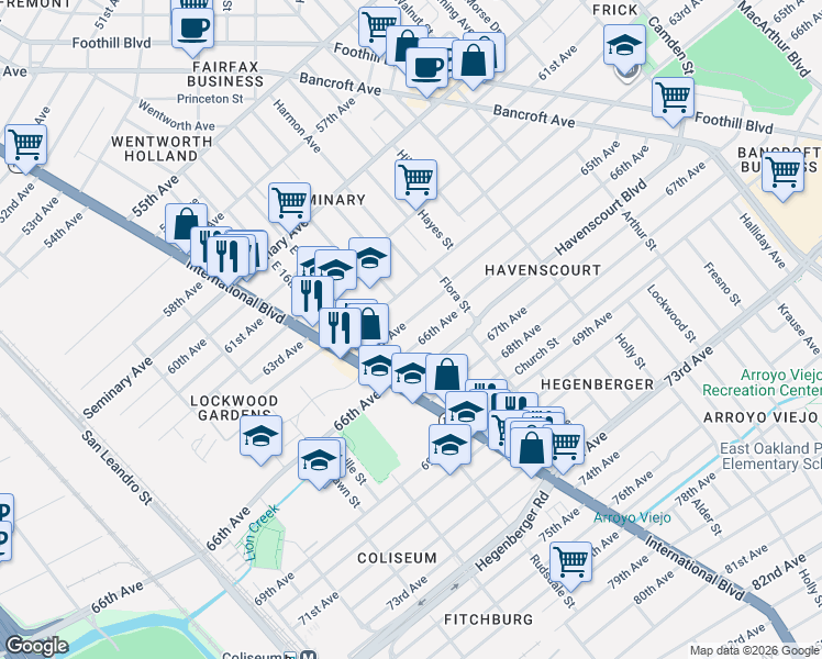 map of restaurants, bars, coffee shops, grocery stores, and more near 1617 65th Avenue in Oakland