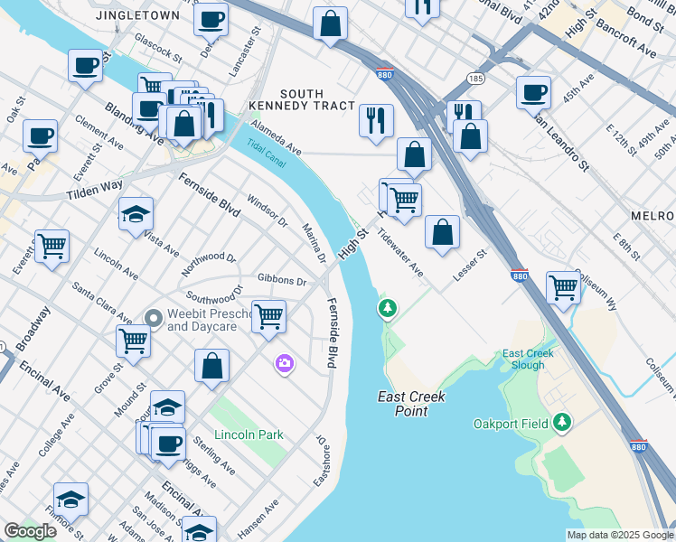 map of restaurants, bars, coffee shops, grocery stores, and more near 3132 Marina Drive in Alameda