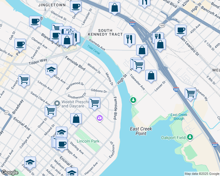 map of restaurants, bars, coffee shops, grocery stores, and more near 3132 Marina Drive in Alameda