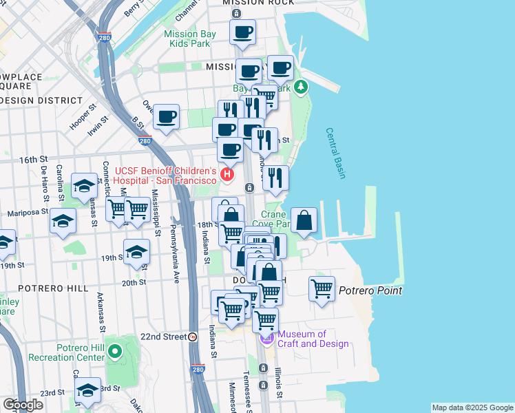 map of restaurants, bars, coffee shops, grocery stores, and more near 600 Illinois Street in San Francisco