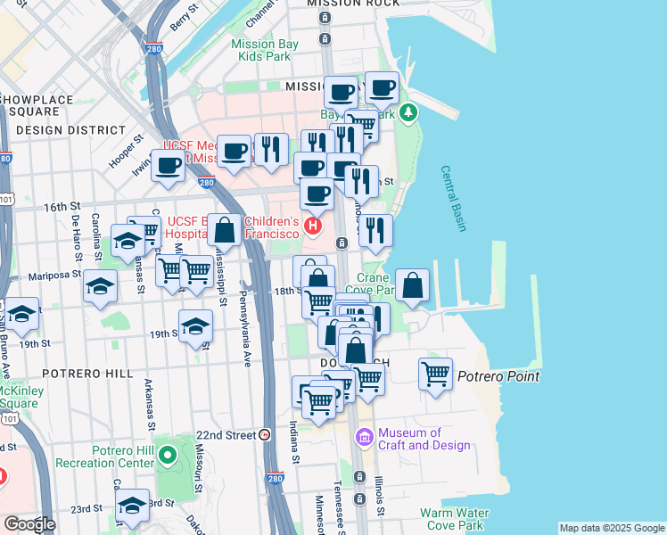 map of restaurants, bars, coffee shops, grocery stores, and more near 595 Mariposa Street in San Francisco