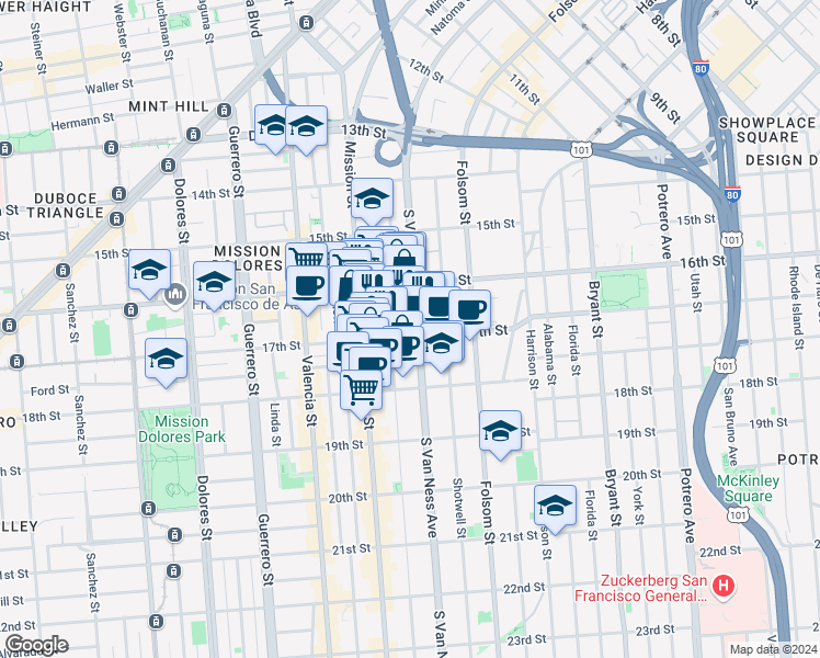 map of restaurants, bars, coffee shops, grocery stores, and more near in San Francisco