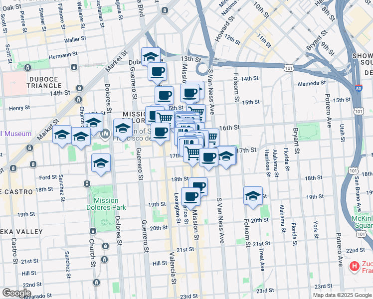 map of restaurants, bars, coffee shops, grocery stores, and more near 2061 Mission Street in San Francisco