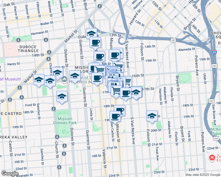 map of restaurants, bars, coffee shops, grocery stores, and more near 2061 Mission Street in San Francisco