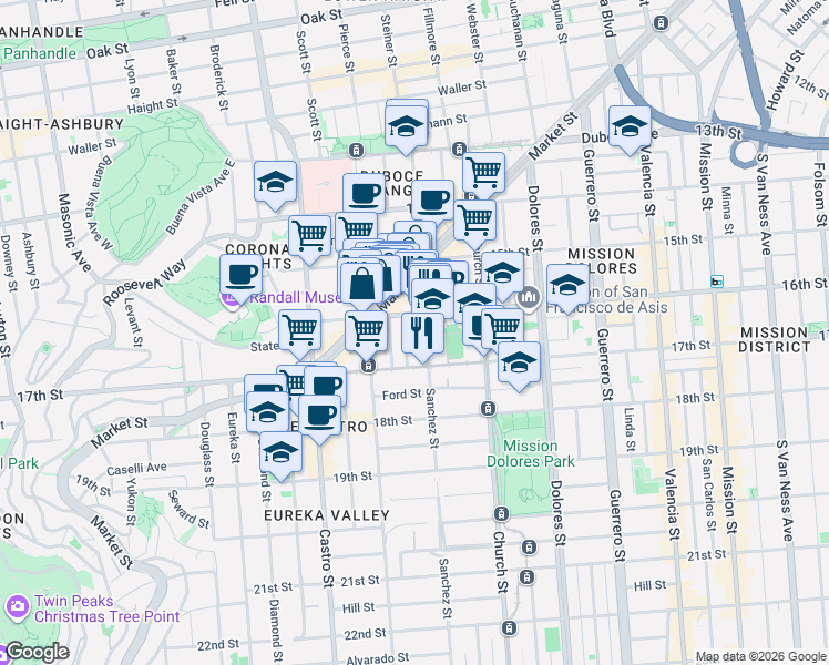 map of restaurants, bars, coffee shops, grocery stores, and more near 3527 16th Street in San Francisco