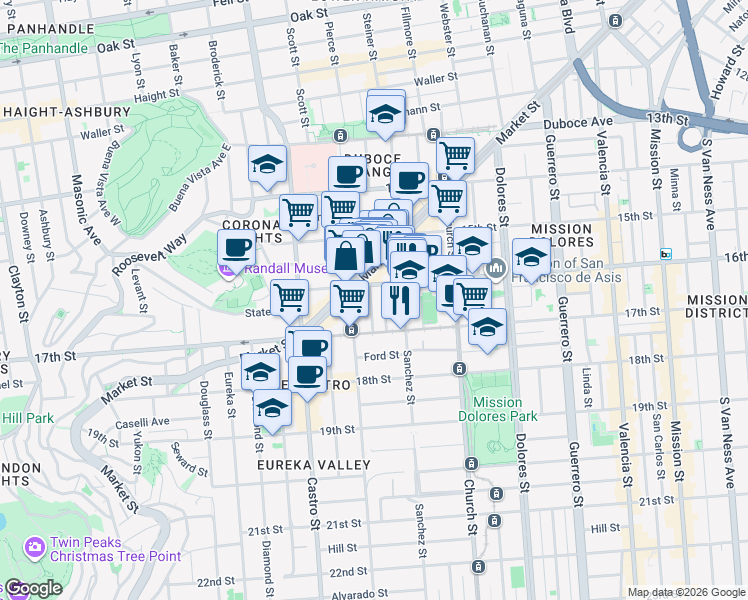 map of restaurants, bars, coffee shops, grocery stores, and more near 3527 16th Street in San Francisco