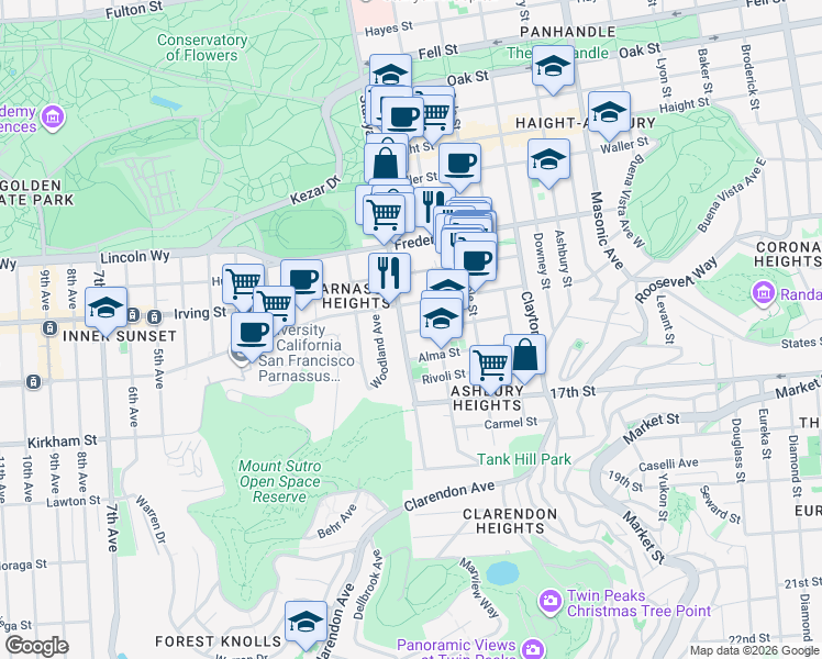 map of restaurants, bars, coffee shops, grocery stores, and more near 1118 Stanyan Street in San Francisco