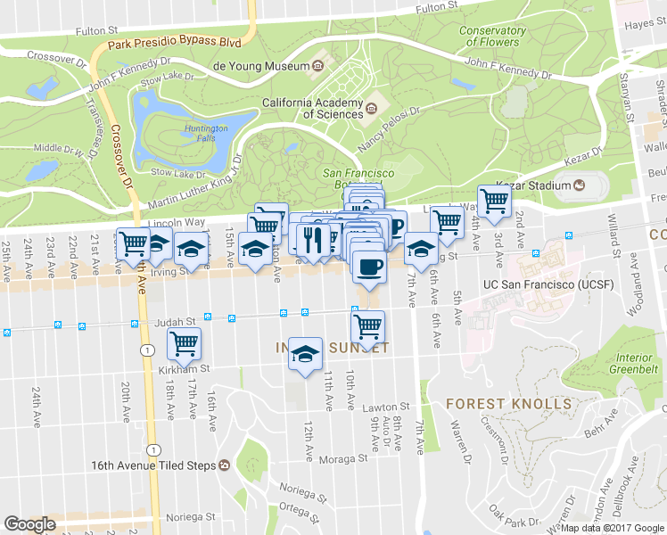 map of restaurants, bars, coffee shops, grocery stores, and more near 909A Irving Street in San Francisco