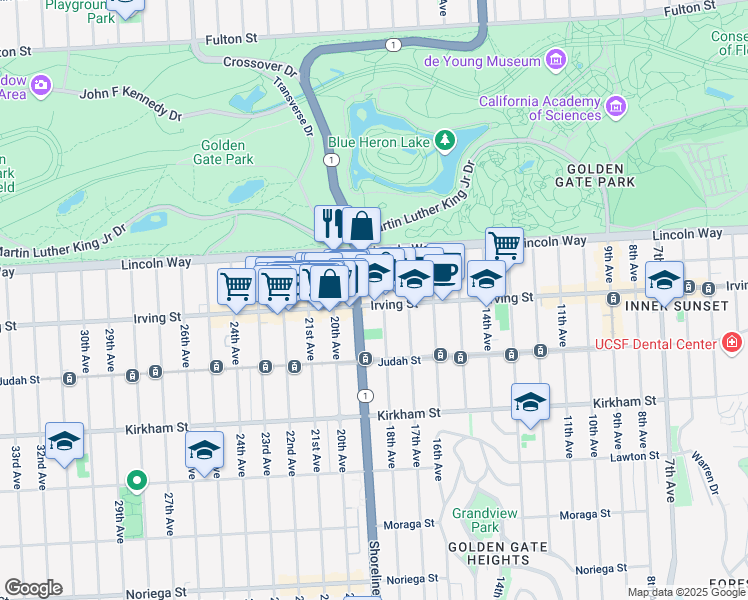 map of restaurants, bars, coffee shops, grocery stores, and more near 1279 18th Avenue in San Francisco