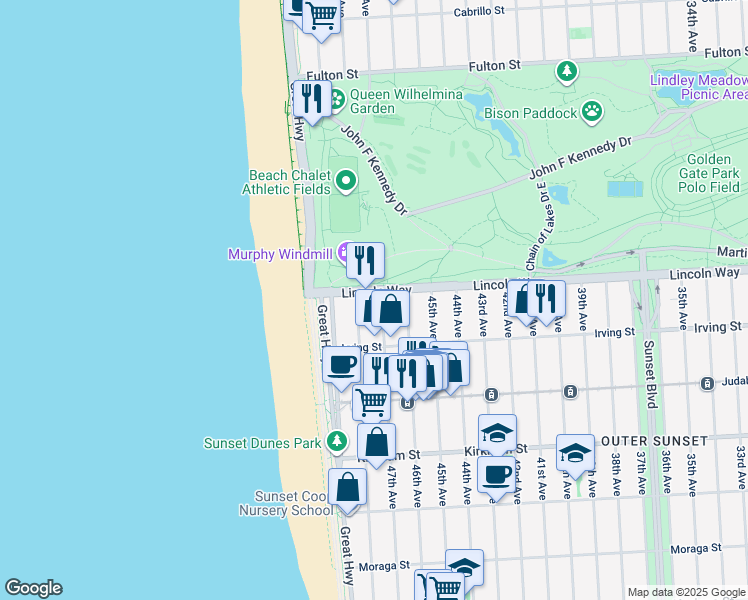 map of restaurants, bars, coffee shops, grocery stores, and more near 4641 Lincoln Way in San Francisco