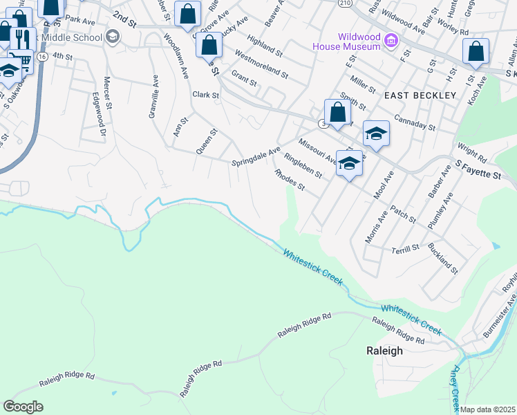 map of restaurants, bars, coffee shops, grocery stores, and more near 1035 Woodlawn Avenue in Beckley