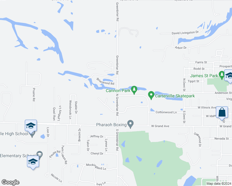 map of restaurants, bars, coffee shops, grocery stores, and more near 201 North Greenbriar Road in Carterville