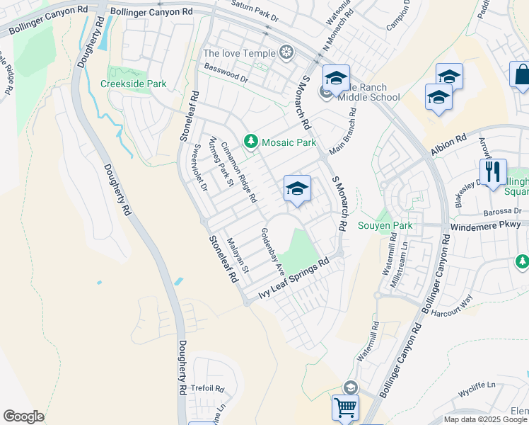map of restaurants, bars, coffee shops, grocery stores, and more near 3422 Cinnamon Ridge Road in San Ramon