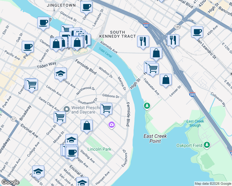 map of restaurants, bars, coffee shops, grocery stores, and more near 3104 Fernside Boulevard in Alameda