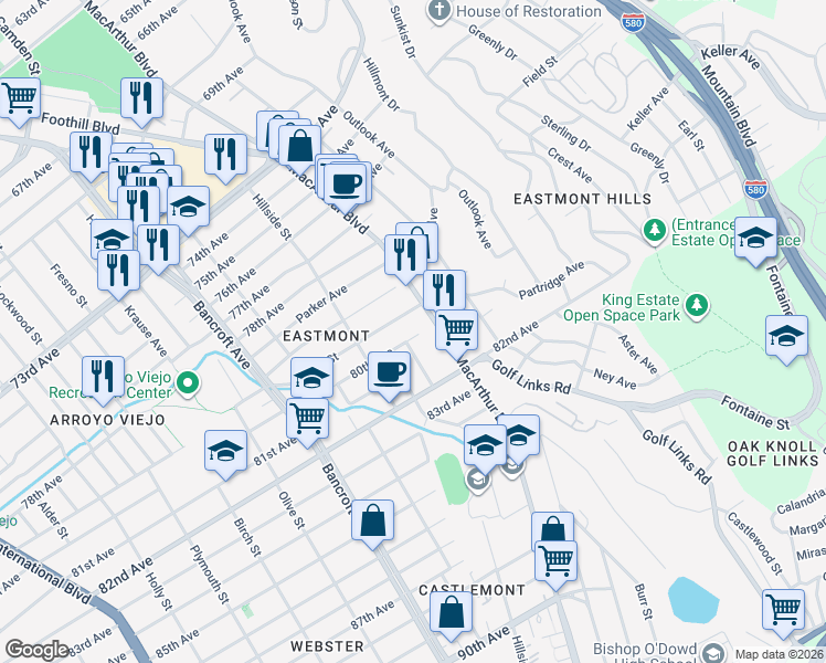 map of restaurants, bars, coffee shops, grocery stores, and more near 2521 80th Avenue in Oakland