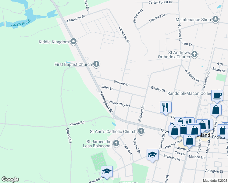 map of restaurants, bars, coffee shops, grocery stores, and more near 500 John Street in Ashland