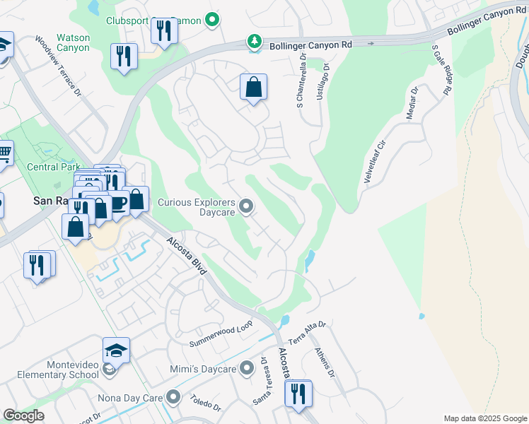 map of restaurants, bars, coffee shops, grocery stores, and more near 30 Rainbow Bridge Court in San Ramon