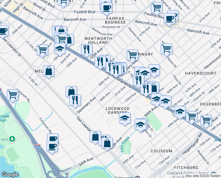 map of restaurants, bars, coffee shops, grocery stores, and more near 1301 60th Avenue in Oakland