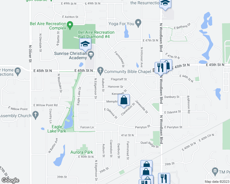 map of restaurants, bars, coffee shops, grocery stores, and more near 5816 Kenawee Street in Bel Aire