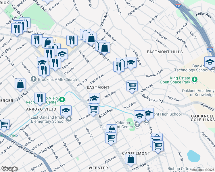 map of restaurants, bars, coffee shops, grocery stores, and more near 2709 Ritchie Street in Oakland