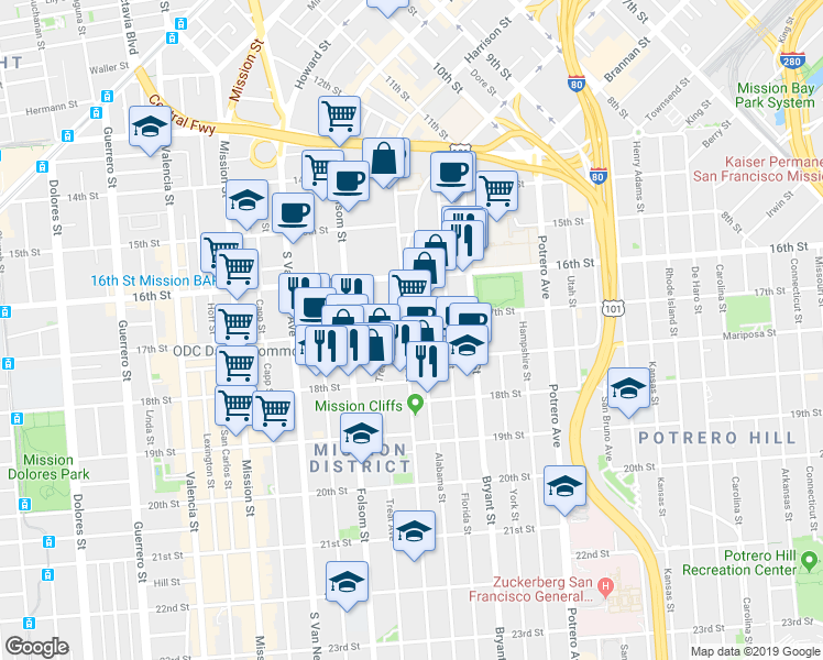 map of restaurants, bars, coffee shops, grocery stores, and more near 2111 Harrison Street in San Francisco