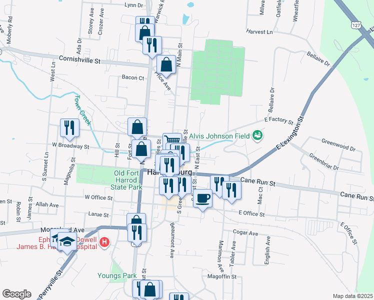map of restaurants, bars, coffee shops, grocery stores, and more near 213 North Greenville Street in Harrodsburg