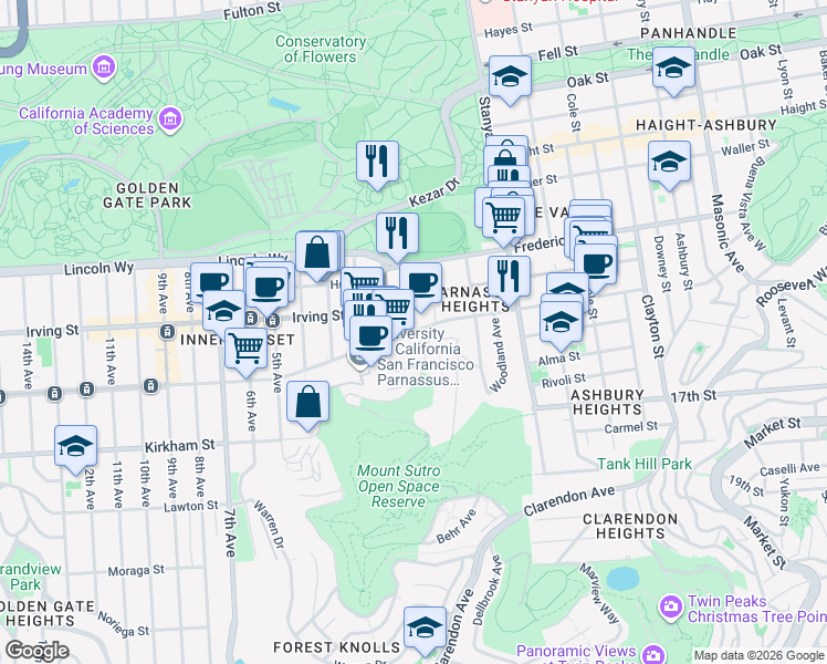 map of restaurants, bars, coffee shops, grocery stores, and more near Parnassus Ave & Hillway Ave in San Francisco