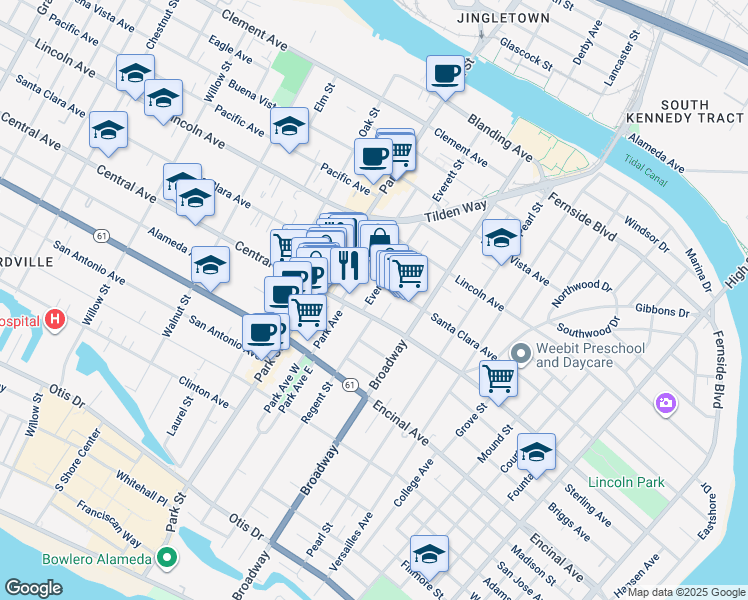 map of restaurants, bars, coffee shops, grocery stores, and more near 1414 Everett Street in Alameda