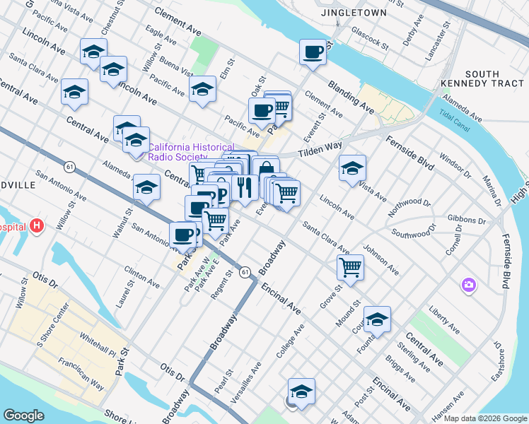 map of restaurants, bars, coffee shops, grocery stores, and more near 1413 Everett Street in Alameda