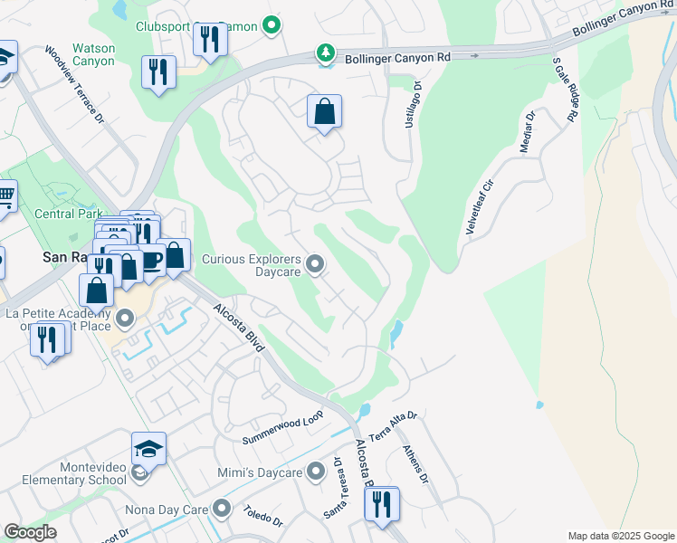 map of restaurants, bars, coffee shops, grocery stores, and more near 30 Rainbow Bridge Court in San Ramon