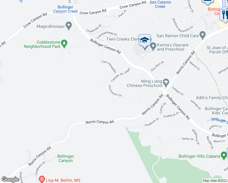 map of restaurants, bars, coffee shops, grocery stores, and more near 2424 Ascension Drive in San Ramon