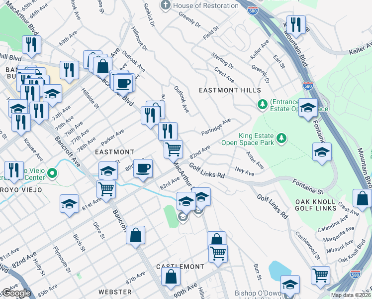 map of restaurants, bars, coffee shops, grocery stores, and more near 8115 Ney Avenue in Oakland