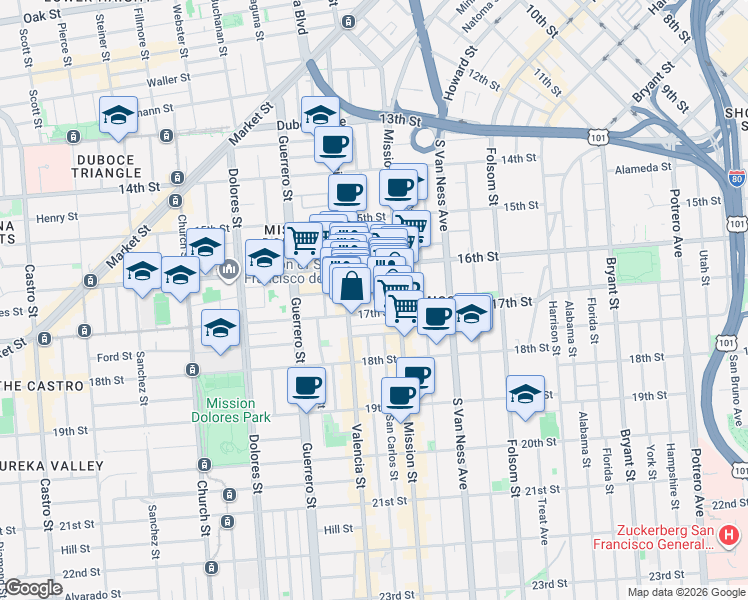 map of restaurants, bars, coffee shops, grocery stores, and more near 3083 16th Street in San Francisco