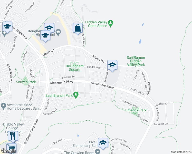 map of restaurants, bars, coffee shops, grocery stores, and more near 1543 Craiglee Way in San Ramon